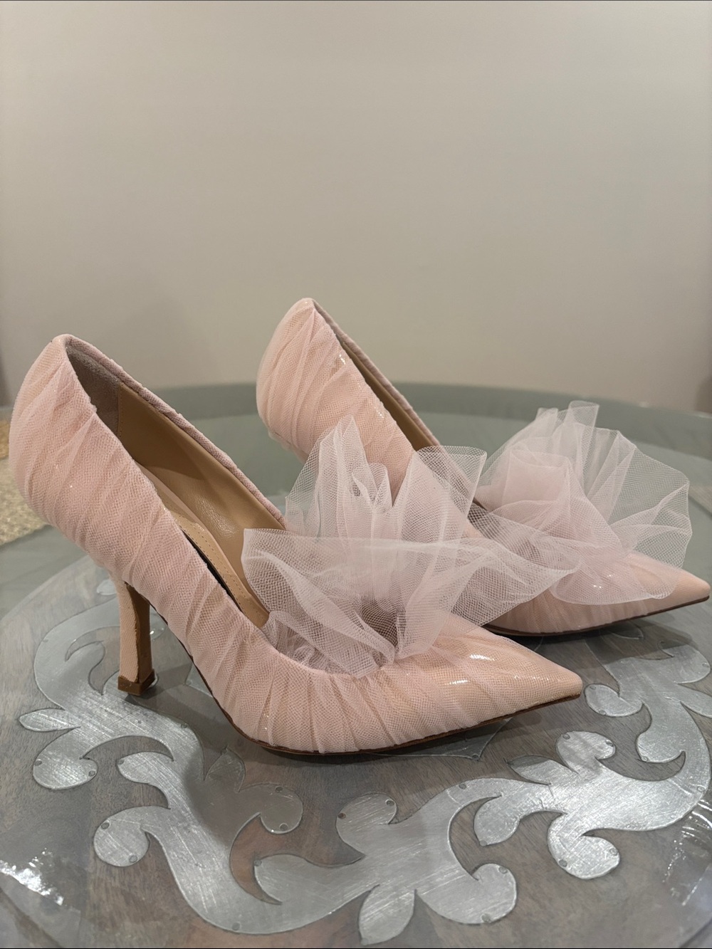 Made in Italy Midnight brand-Elegant Women's Blush Pink Tulle Pointed-Toe Heels